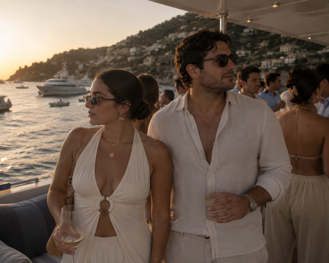Couple in white linen and coastal summer styling on a boat at sunset.