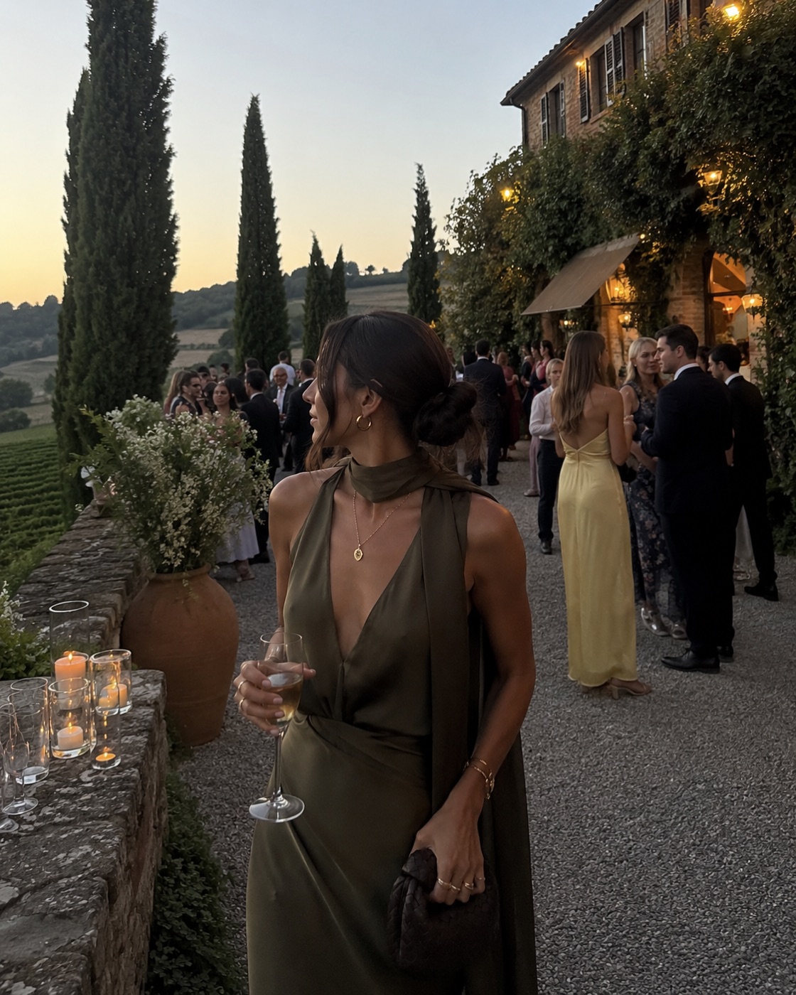 Woman in an olive halter dress at a Tuscan countryside event.