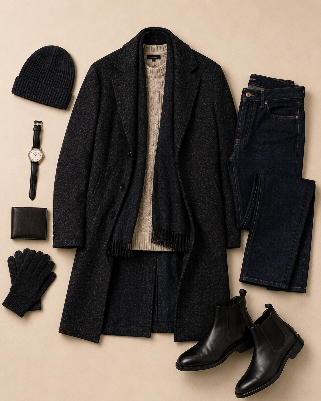 Charcoal coat with cream knit, dark denim, black boots, scarf, beanie, watch, gloves, and wallet.