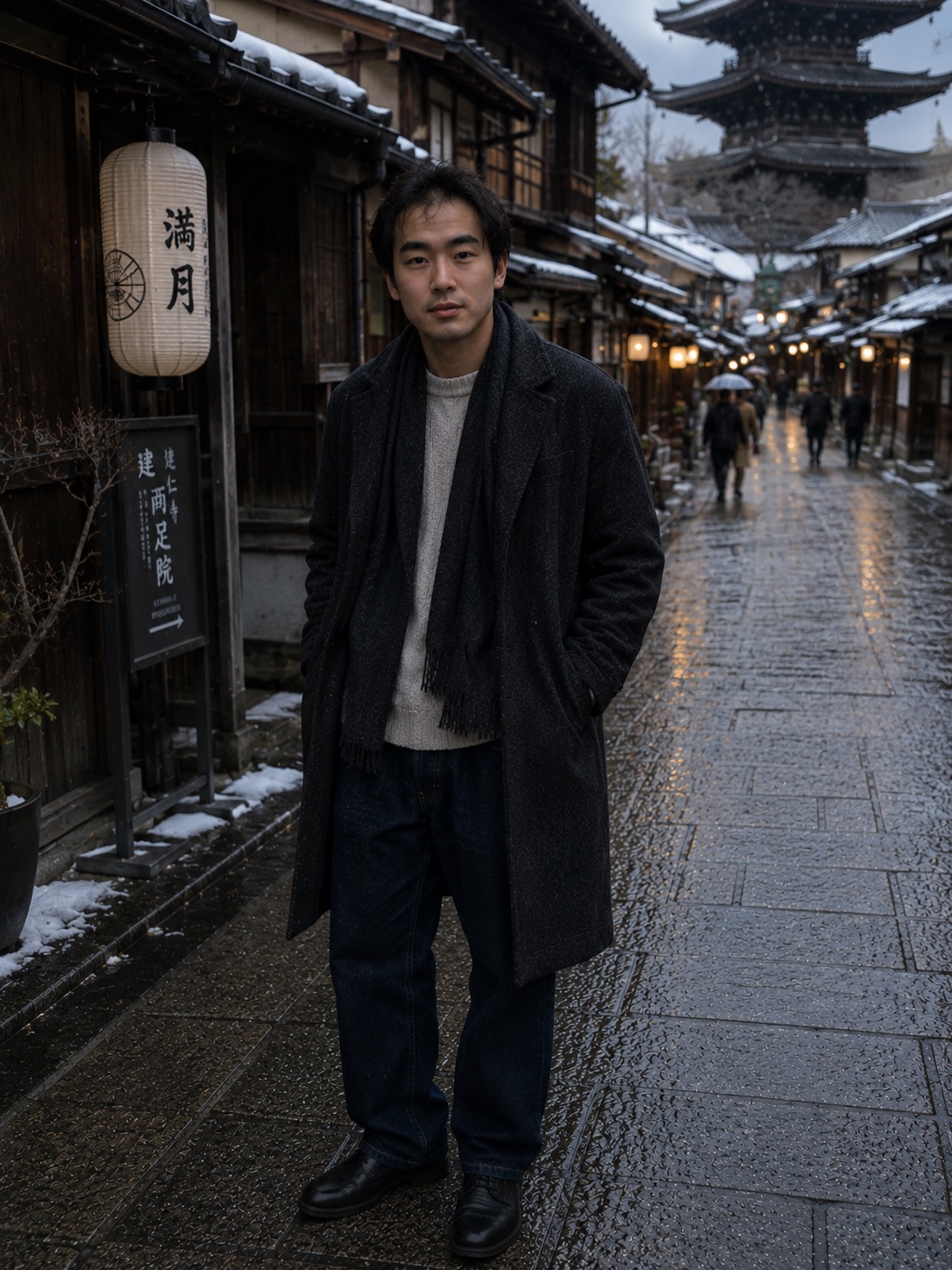 Aiden in winter layers on a snowy Kyoto street.